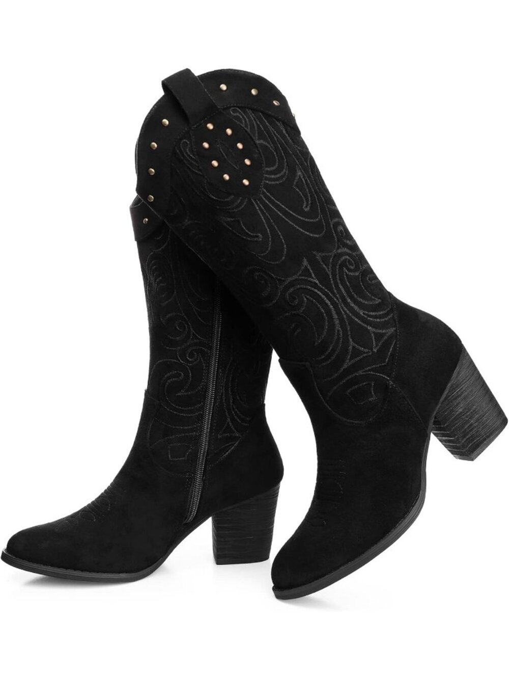 Women's Black Wide Calf Western Heel Suede Embroidered